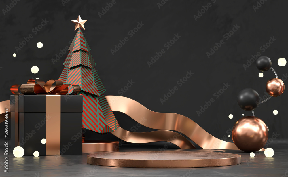 Poster abstract merry christmas product display podium with pine tree and decoration 3d render