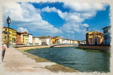 Watercolor drawing of Row of old colorful buildings houses on embankment promenade of Arno river in historical centre of Pisa © Aliaksandr