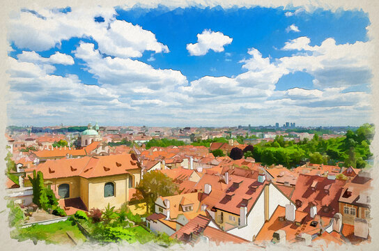 Watercolor drawing of Top aerial panoramic view of Prague historical city centre