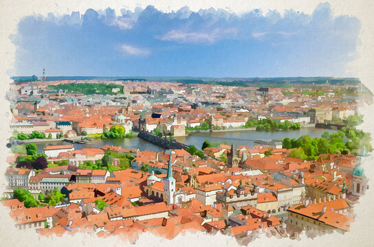 Watercolor drawing of Top aerial panoramic view of Prague historical city centre