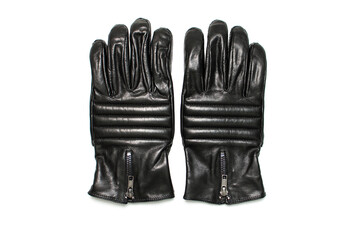 Black classic leather men's gloves on white isolated background top view. Stylish Fashionable winter autumn spring clothing accessory. Genuine leather gloves. Stylish wardrobe item
