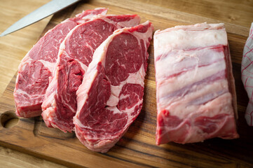 sliced chunk of rib eye for thick cut steak