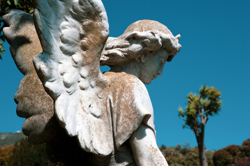 sculpture of angel with palm tree in the background
