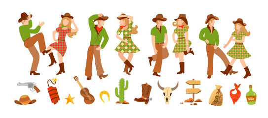 Set of young man and woman in western country clothes, boots and cowboy hats dancing in flat style. Vector illustration clip-art western clip-art. Square dance for two and country dance festival