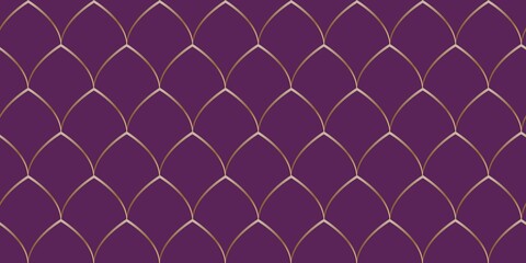 Art Deco style #1 Fish scale golden seamless pattern on purple background, mermaid tail decoration design