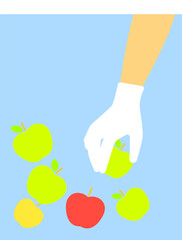 Hand wearing a glove choosing an apple. Vector
