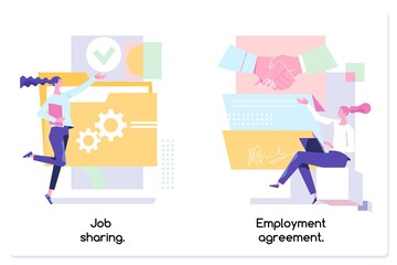 Date or job sharing concept. Delegating duties and responsibilities to colleagues. Job sharing, alternative work schedule, collaborative employment, division of a job. Modern flat illustration.