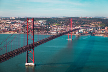 Fototapeta premium Lisbon, Lisboa, Portugal, capital, Tagus river, Ponte 25 de Abril bridge