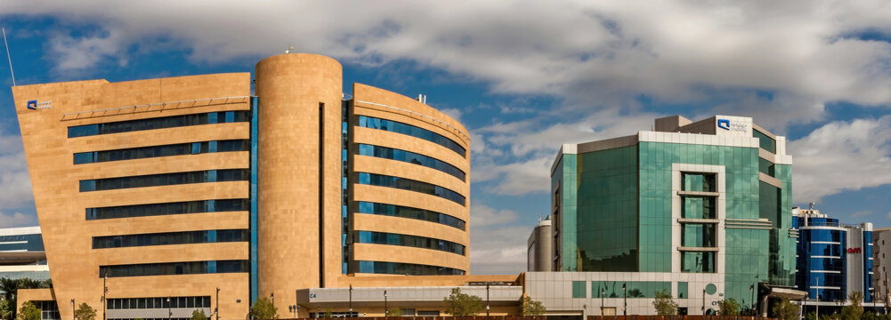 November 23, 2019 - Riyadh, Saudi Arabia: The headquarters of Mobily, a Saudi telecommunication provider, Al Haqbani Building (left) and Office Al Yabis (right)