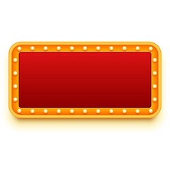 Gold wall sign. Retro style design. Frame with light bulbs. Empty mockup for text message. Vector illustration.