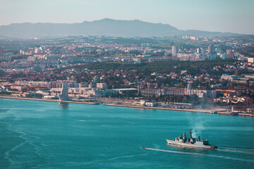 Fototapeta na wymiar Lisbon, Lisboa, Portugal, capital, Tagus river, military ships