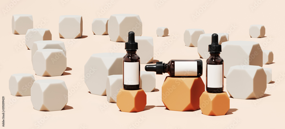 Poster minimal abstract mockup background for product presentation. cosmetic bottle on beige podium on grey