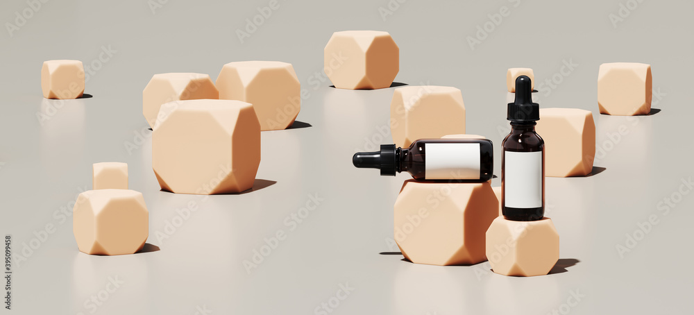 Poster minimal abstract mockup background for product presentation. cosmetic bottle on beige podium on grey