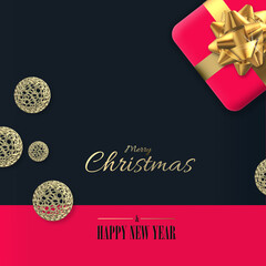 Christmas party invitation in red pink black with Xmas realistic gift box, gold ornament on blue black background. Text Merry Christmas Happy New Year. 3D render. Copy space. Invitation festive card