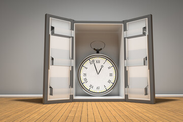 Pocket watch in fridge on wooden floor. Freeze time or slow time concept. 3D illustration