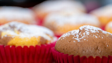 Handmade muffins with butter and chocolate ingredients, brown and yellowish color and delicious taste