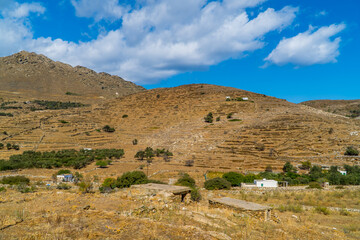 Dry desert mountainous landscapes near Pyrgos, Tinos, Cyclades, Greece