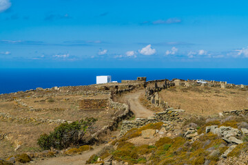 Fototapeta na wymiar Panoramic view of landscapes and house on the island of Tinos in the archipelago of the Cyclades, Greece