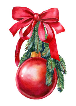Red christmas ball on isolated white background, watercolor illustration
