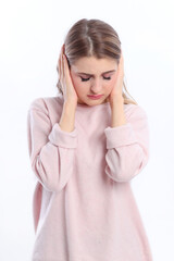 Young woman with ear pain isolated