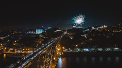 new year fireworks in Porto, Portugal, Dom Luis I bridge, Ponte Luis I over Douru river