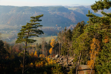 Viewpoint above Jizera valley in sandstone landscape of Bohemian Paradise in sunny day, Autumn at rock formation Besednicke skaly (Besednicke rocks), Mala Skala, Czech Republic