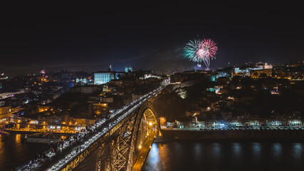 new year fireworks in Porto, Portugal, Dom Luis I bridge, Ponte Luis I over Douru river
