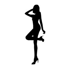 Fototapeta na wymiar Vector black female silhouette of fashion party woman posing in mini dress
