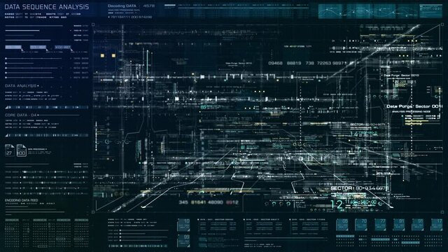 Futuristic holographic simulation of artificial neural networks, artificial intelligence deep learning performing analytic computational head up display background
