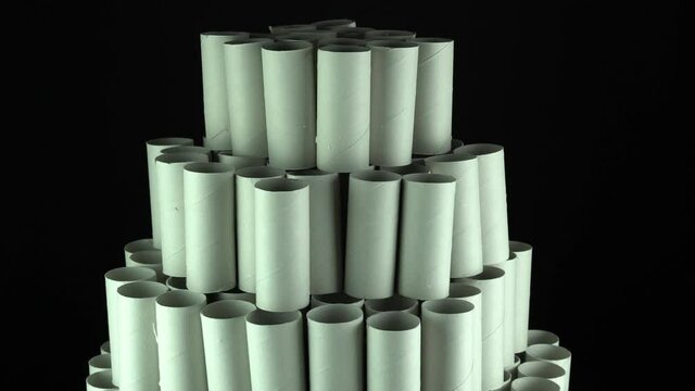 Empty toilet paper rolls. Stockpiling toilet paper as lockdown measures. Hoarding shortages concept during Covid-19 coronavirus pandemic.