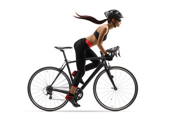 Female cyclist with a long ponytail waving, riding a road bicycle - obrazy, fototapety, plakaty