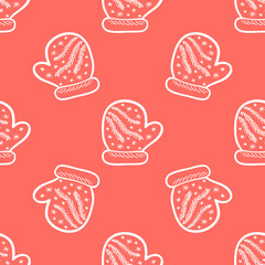 Seamless pattern with the hand drawn white mittens is on the red background. The save with the Clipping Mask.