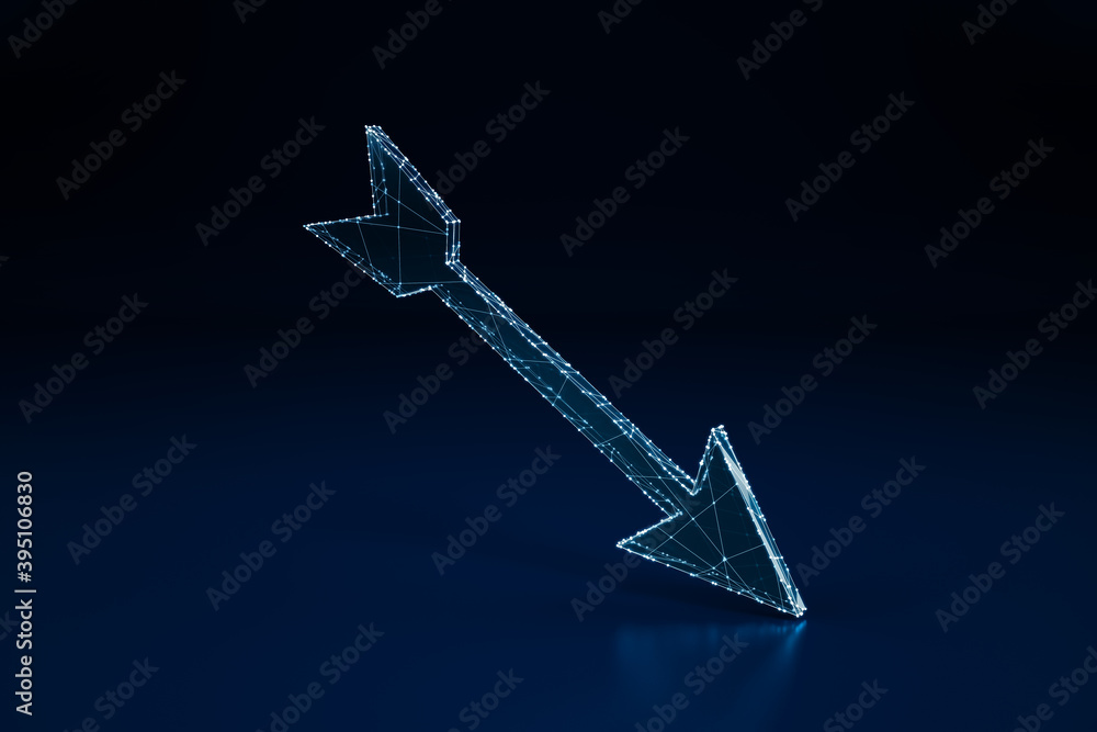 Poster illuminated wireframe digital arrow on dark blue background. 3d rendering