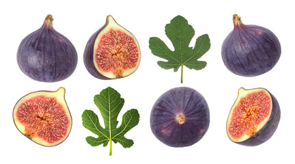 Set of whole and sliced figs with leaves isolated