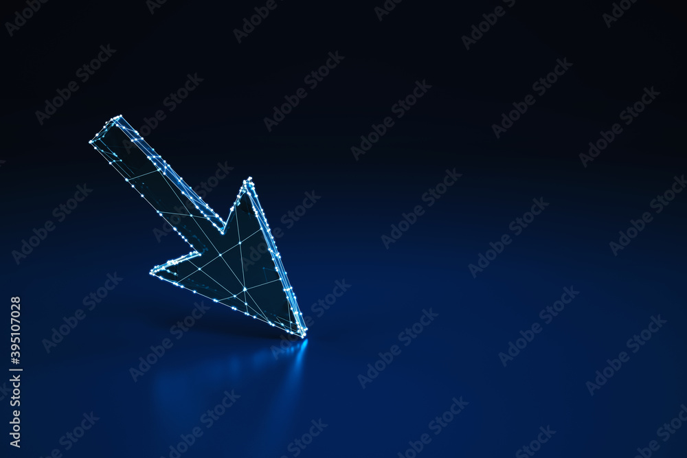 Poster illuminated wireframe digital arrow on dark blue background. 3d rendering