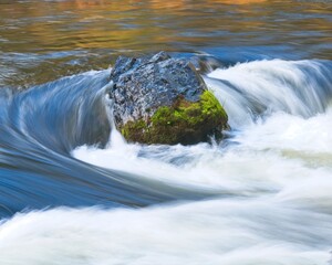 Trinity River flows around a large moss covered boulder.