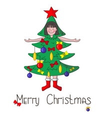 Christmas card. A cute girl dressed as a Christmas tree with Christmas balls, she smiles. Drawn lettering - Merry Christmas. Isolated on white background. Stock vector illustration in cartoon style.