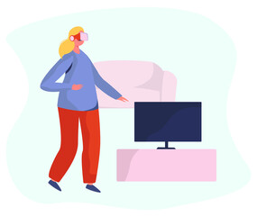 Character Woman using a VR Headset and Experiencing Virtual Reality.People Wearing a Virtual Relaity Headset.Hi Tech Character.Flat Vector Illustration