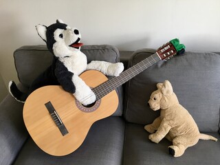 A Siberian husky playing the guitar for a smaller dog. On a gray sofa in Stockholm, Sweden.