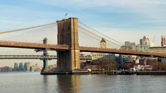 Sailing under the two bridges on East River, Brooklyn Bridge and Manhattan bridge