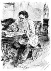 Portrait of Count Lev (Leo) Nikolayevich Tolstoy - a Russian writer who is regarded as one of the greatest authors of all time. Illustration of the 19th century. White background.
