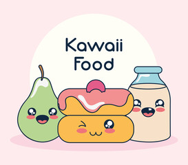 kawaii food and milk bottle, flat style