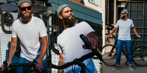 Young bearded hipster guy wearing white blank t-shirt ride on bicycle . Mock-up for print. T-shirt...
