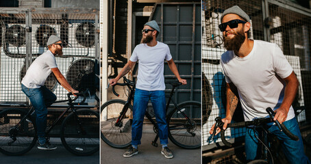 Young bearded hipster guy wearing white blank t-shirt ride on bicycle . Mock-up for print. T-shirt template.