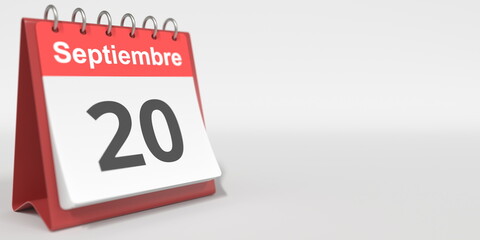 September 20 date written in Spanish on the flip calendar, 3d rendering
