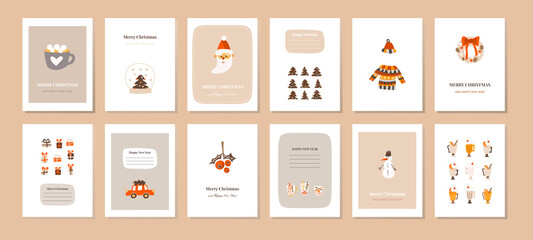 Christmas set of hand drawn cards in beige flat style. Vector illustration with cute Christmas trees, coco with marshmallows, Christmas wreath. Trending nude colors, a large collection of postcards