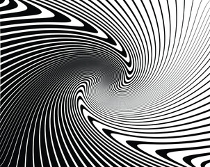  Line art optical art. Psychedelic background. Monochrome background. Optical illusion style. Black dark background. Modern pattern. Abstract graphic texture. Graphic ornament. Vector template