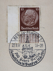 briefmarke stamp vintage retro alt old berlin pankow deutsches reich heimatschau 1937 kirchturm...