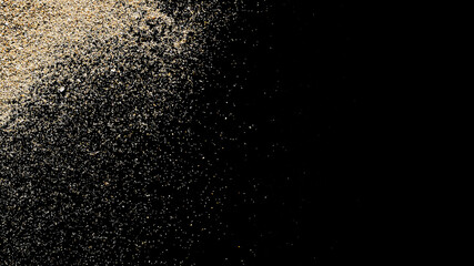 Pile desert sand isolated on black. Dust heap beach texture on shore background. Design of summer vacation holiday concept.