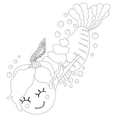 Children's black and white isolated illustration for coloring book or page, DIY project, nursery design, sticker of floating little mermaid girl with long hair braid and bubbles. Vector.